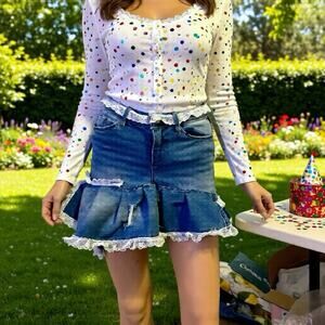 Y2K Generra Jeans Chunky Pleated Lace Trim Blue Micro Mini Skirt 1 W25” Stretch